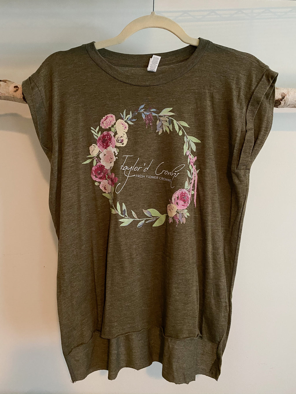 Flower Crown Flowy Muscle Tee w/ Rolled Cuff- Heather Olive